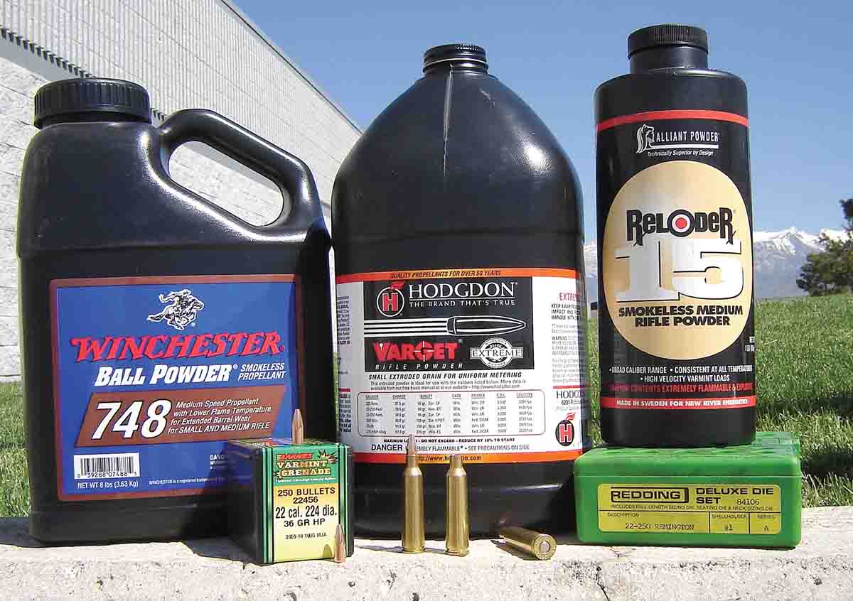 Powders used in the .22-250 Remington handloads included Winchester 748, Varget and Reloder 15.